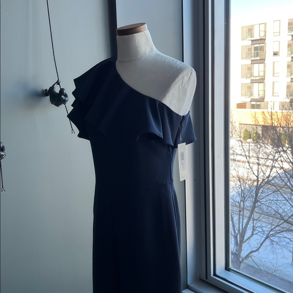 New Eliza J One Shoulder Ruffle Jumpsuit in Navy Size 6 - Picture 8 of 9